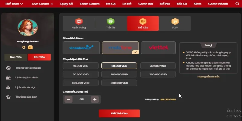 Giao diện rút tiền XO88 bằng thẻ cào Giao diện rút tiền XO88 bằng thẻ cào