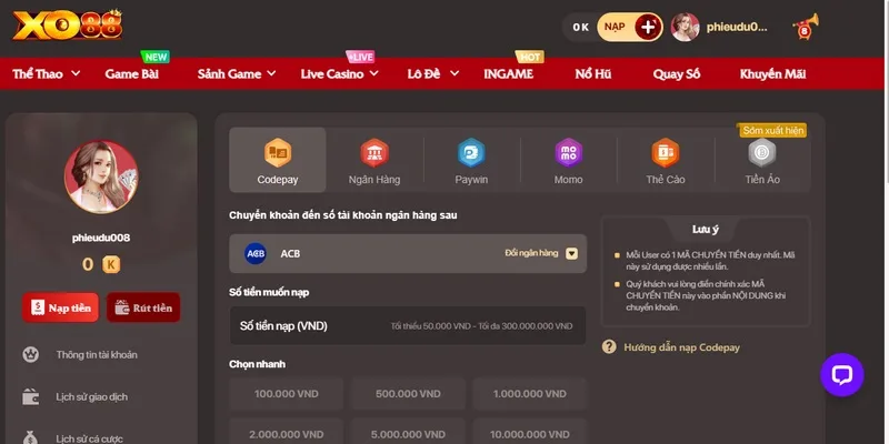Hệ thống nạp rút tiền của XO88 được nhiều người chơi đánh giá cao về sự an toàn Hệ thống nạp rút tiền của XO88 được nhiều người chơi đánh giá cao về sự an toàn